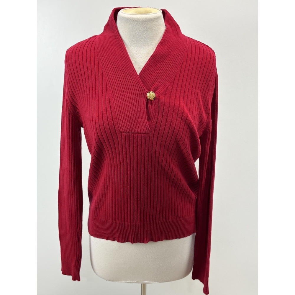Lauren Ralph Lauren Sweater Women's L Red Gold Button Stretch Old Money Classic